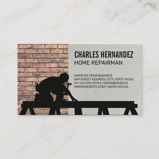 Tradesman Working on Roof | Brick Wall Business Card (Front)