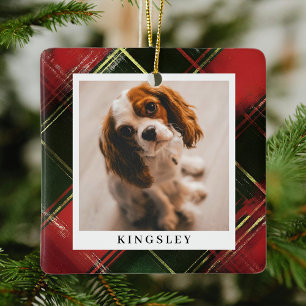 Tradiational Festive Plaid Pet Photo Christmas Ceramic Ornament
