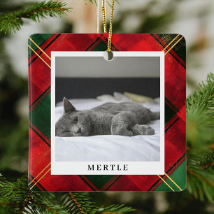 Tradiational Festive Plaid Pet Photo Christmas Ceramic Ornament