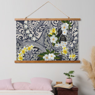Tradiitional Hawaiian Tapa and Plumeria Hanging Tapestry