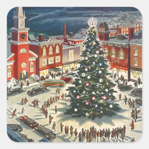Tradition Christmas tree lighting town people gift Square Sticker