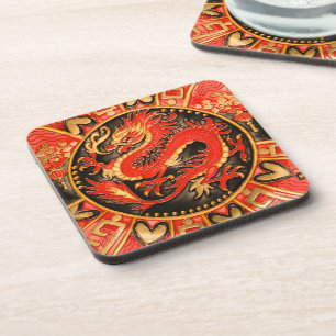 Traditional Ancient Chinese Dragon Red Gold Golden Coaster