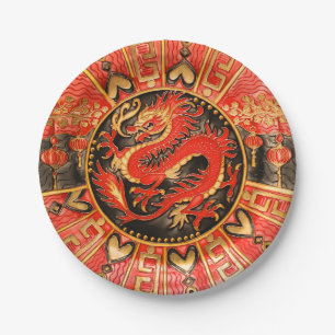 Traditional Ancient Chinese Dragon Red Gold Golden Paper Plate
