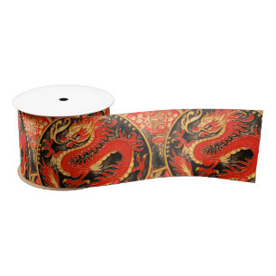 Traditional Ancient Chinese Dragon Red Gold Golden Satin Ribbon