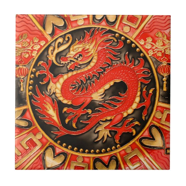 Traditional Ancient Chinese Dragon Red Gold Golden Tile (Front)