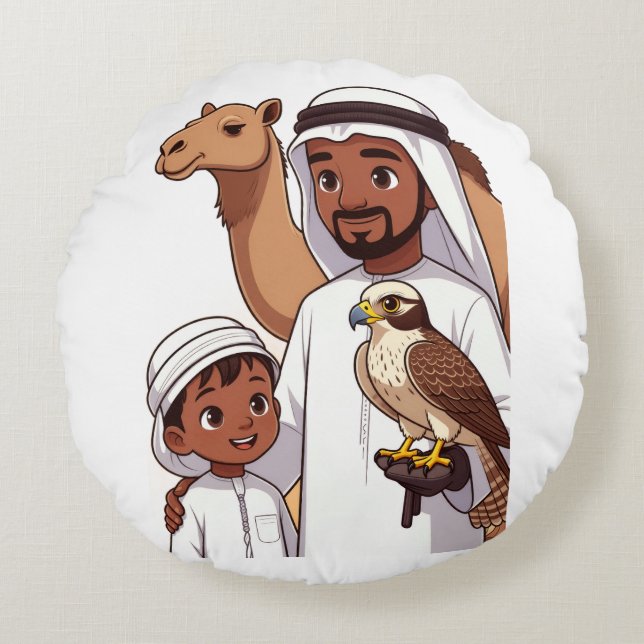 Traditional Arab Falcon Hunt Round Cushion (Front)