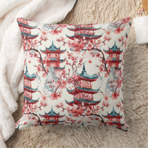 Traditional Asian Architecture with Botanicals Cushion