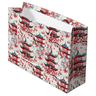 Traditional Asian Architecture with Botanicals Large Gift Bag