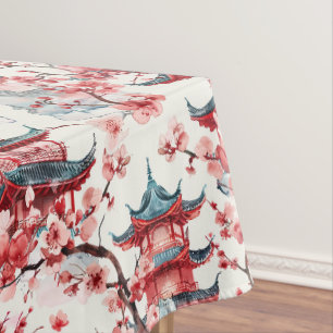 Traditional Asian Architecture with Botanicals Tablecloth
