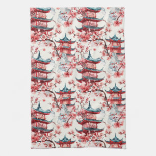 Traditional Asian Architecture with Botanicals Tea Towel