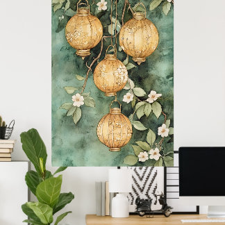 Traditional Asian lanterns hanging from the branch Poster