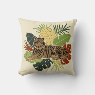Traditional Asian Tiger On Jungle Leaves Art Cushion