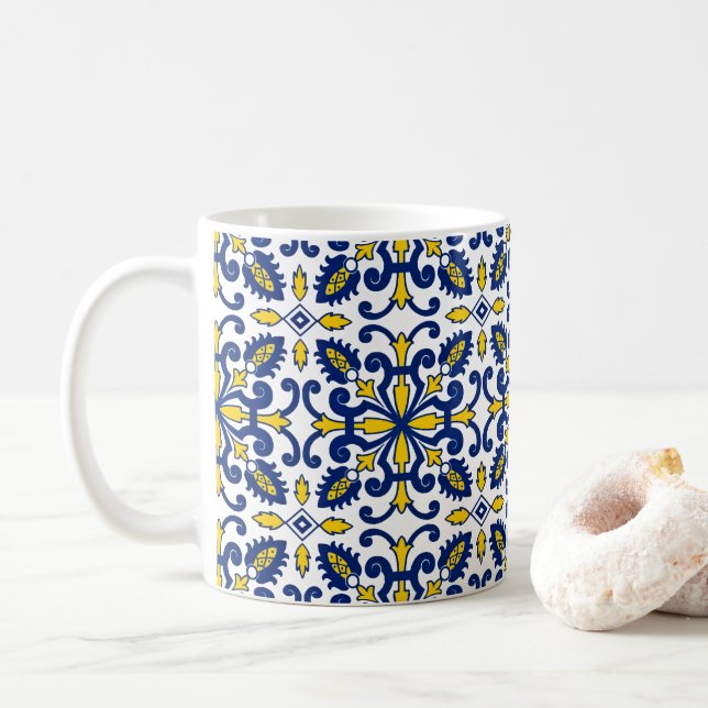 Traditional Azulejo Nikea Portuguese Seamless Tile Coffee Mug (With Donut)