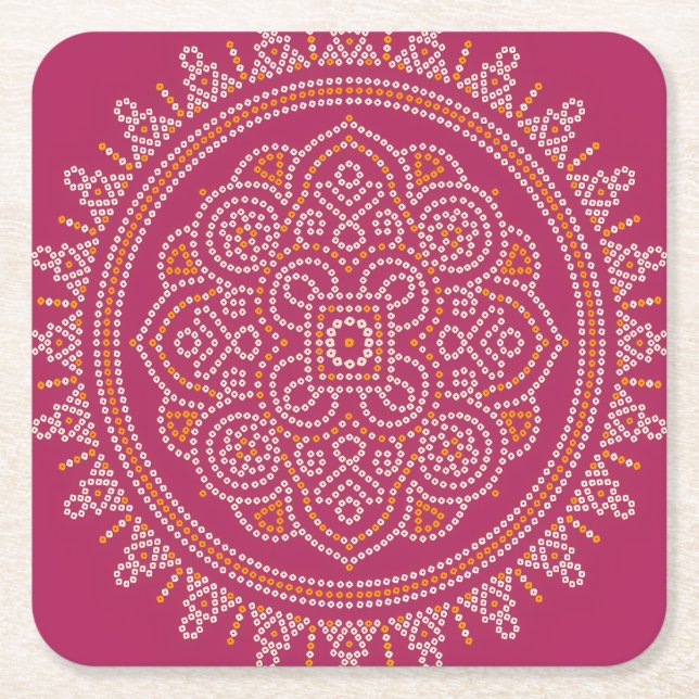 Traditional Bandhani Mandala Square Paper Coaster (Front)