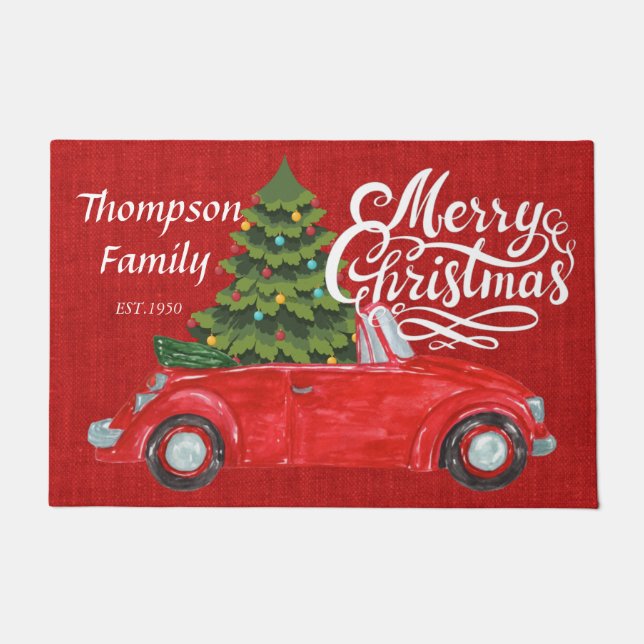 Traditional beautiful red burlap l red truck name  doormat (Front)