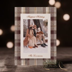 Traditional Beige Plaid Nostalgic Tartan Photo Holiday Card