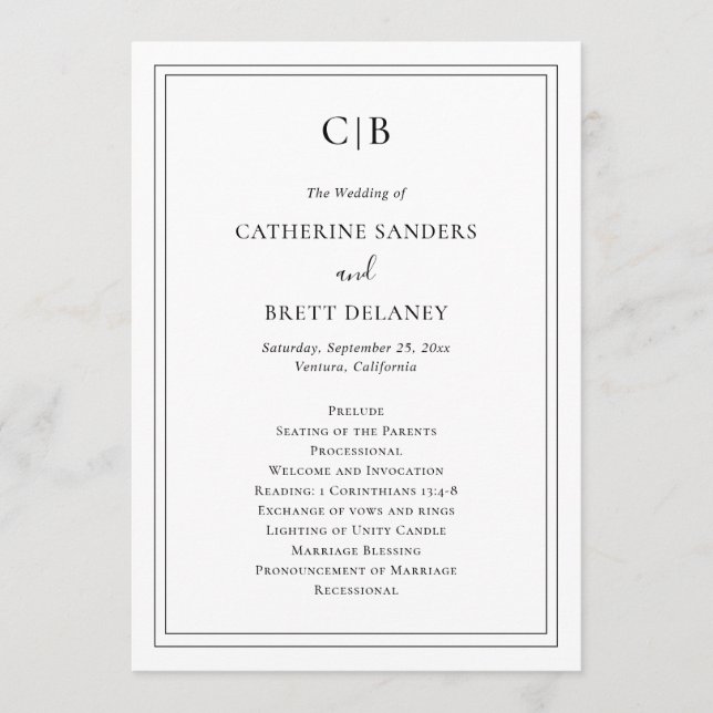 Traditional Black and White Elegant Wedding Programme (Front)