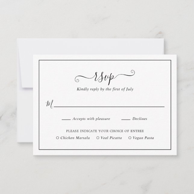 Traditional Black and White Elegant Wedding RSVP Card (Front)
