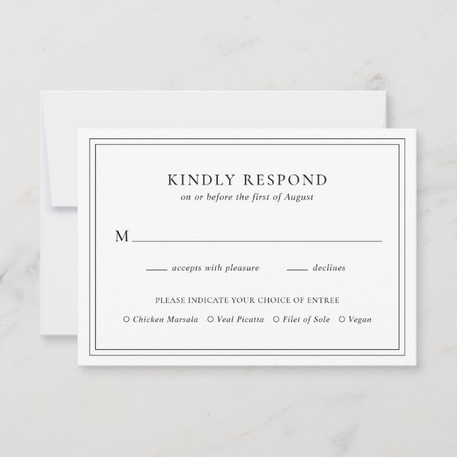 Traditional Black and White Elegant Wedding RSVP Card (Front)