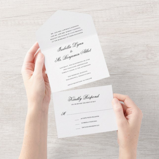 Traditional Black and White Formal Elegant Wedding All In One Invitation (Tearaway)