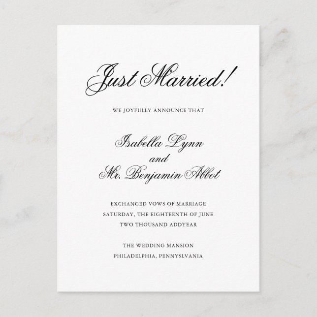 Traditional Black and White Formal Elegant Wedding Announcement Postcard (Front)