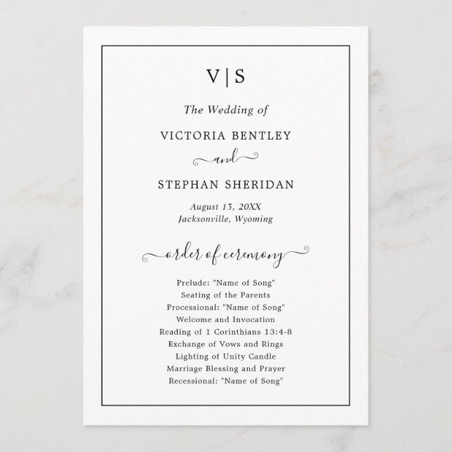Traditional Black and White Monogram Wedding Programme (Front)