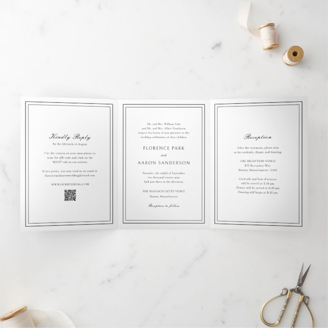 Traditional Black and White QR Code Wedding Tri-Fold Invitation (Inside)