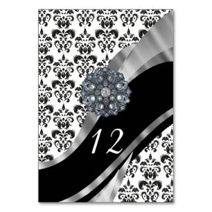 Traditional black and white wedding damask table number