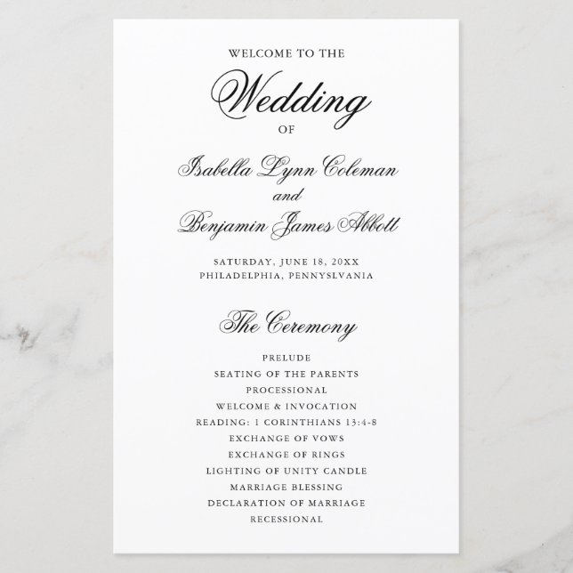 Traditional Black and White Wedding Program (Front)