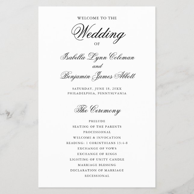 Traditional Black and White Wedding Program Flyer (Front)