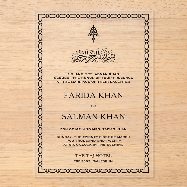Traditional Black Border Islamic Wedding Acrylic Invitations (Front)