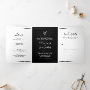 Traditional Black Elegant Wedding Tri-Fold Invitation