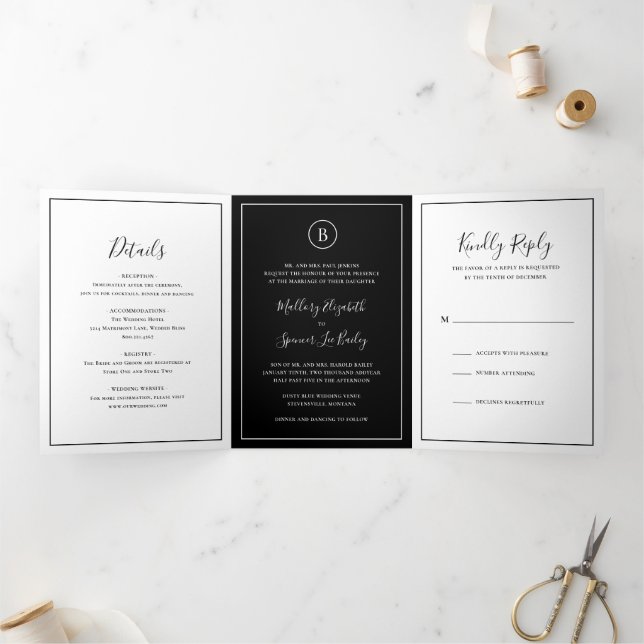 Traditional Black Elegant Wedding Tri-Fold Invitation (Inside)