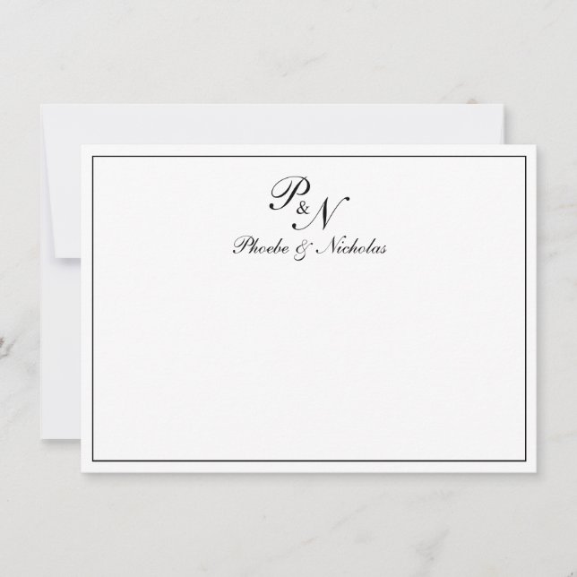 Traditional Black White Monogram Formal Wedding Thank You Card (Front)