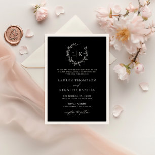 Traditional Black White Monogram Wreath Wedding  Invitation