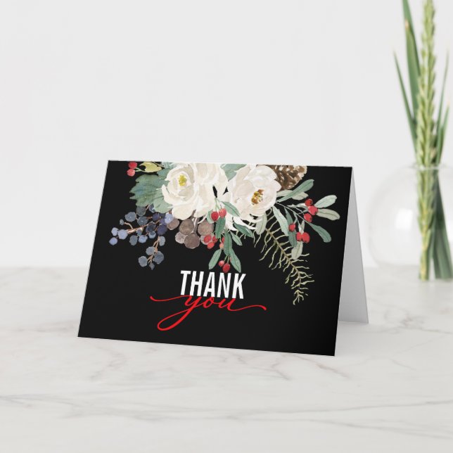 Traditional Blank Christmas  Watercolor Floral Thank You Card (Front)