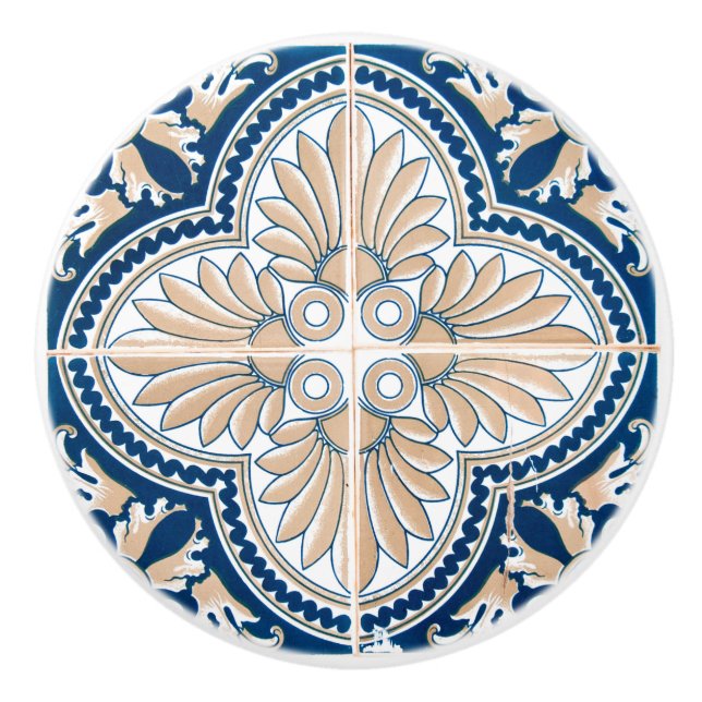 Traditional Blue and Tan Tile  Ceramic Knob (Front)