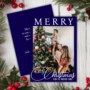 Traditional Blue And White Family Photo Christmas Holiday Card