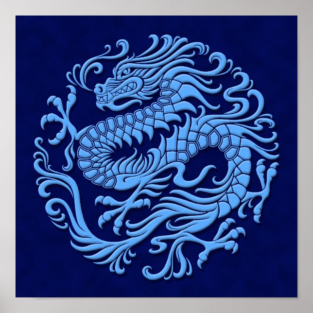 Traditional Blue Chinese Dragon Circle Poster (Front)