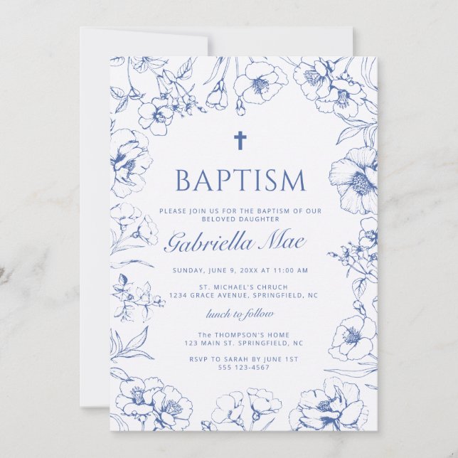 Traditional Blue Floral Baptism Invitation (Front)