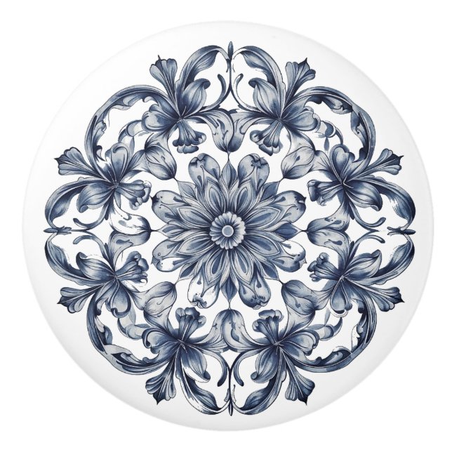 Traditional Blue Grey White Ornate Pattern Ceramic Knob (Front)
