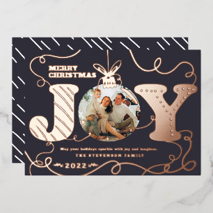 Traditional blue Joy photo Christmas tinsels Foil Holiday Card