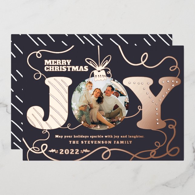 Traditional blue Joy photo Christmas tinsels Foil Holiday Card (Front/Back)