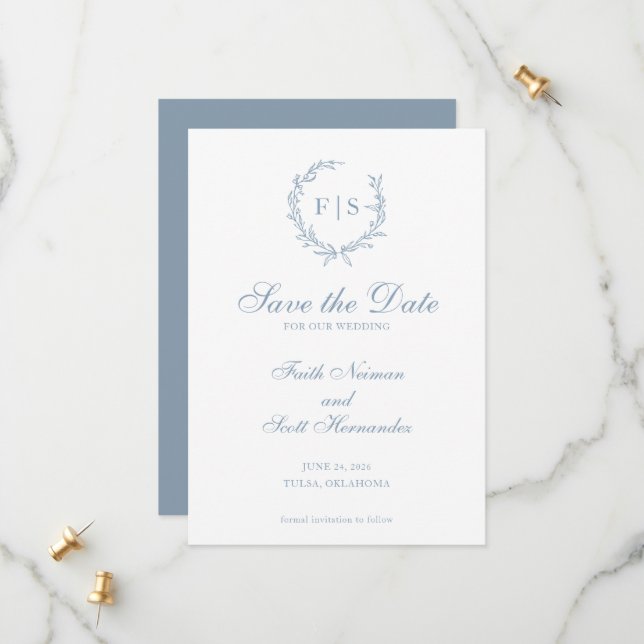 Traditional Blue Monogram Wreath Save the Date (Front/Back In Situ)