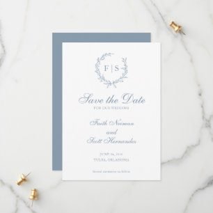 Traditional Blue Monogram Wreath Save the Date