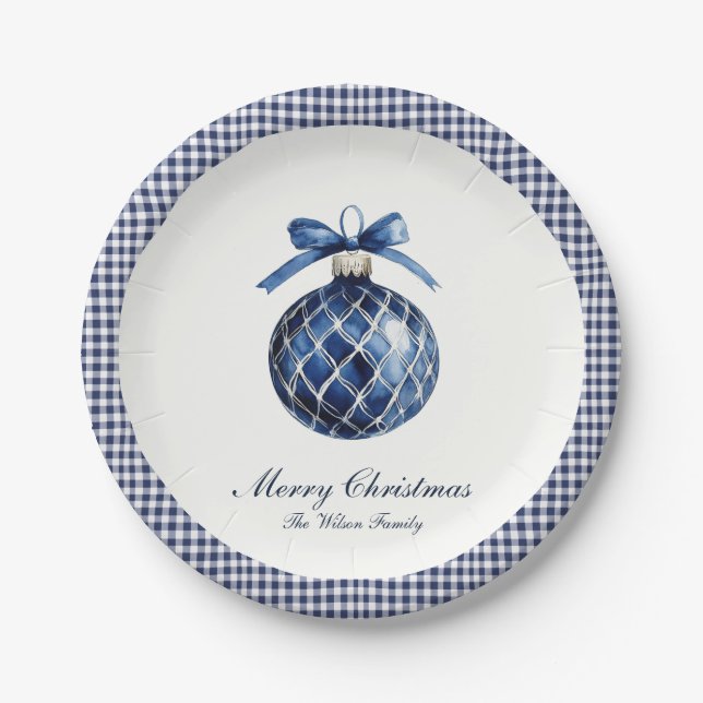 Traditional Blue Ornament Christmas Paper Plate (Front)