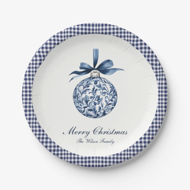 Traditional Blue Ornament Christmas Paper Plate (Front)