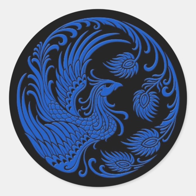 Traditional Blue Phoenix Circle on Black Classic Round Sticker (Front)