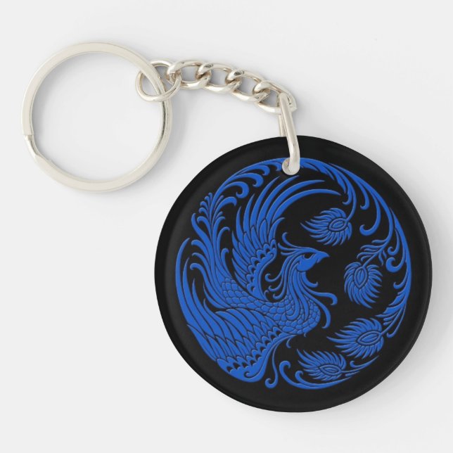 Traditional Blue Phoenix Circle on Black Key Ring (Front)