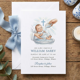 Traditional Blue Shell & Cross Baby Boy Baptism Invitation